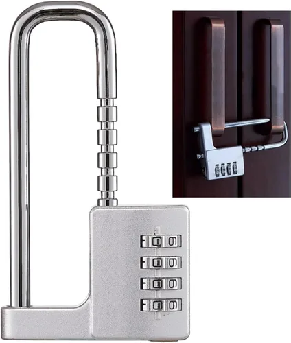 Vista 9 de Candado en forma de U de acero inoxidable, cerradura de combinación con grillete largo ajustable para exteriores, escuela, gimnasio, taquillas
