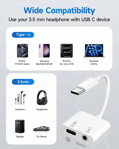 Vista 5 de Adaptador auxiliar de auriculares Pro de 3 amperios compatible con tu Xiaomi 12S Ultra Plus USB-C de 0.138 in de audio y puerto de carga de alta