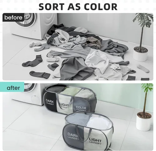 Vista 5 de Cesta plegable para la ropa sucia duradera con 2 compartimentos para clasificar y almacenar, cesta portátil para ropa sucia para dormitorio, cuarto