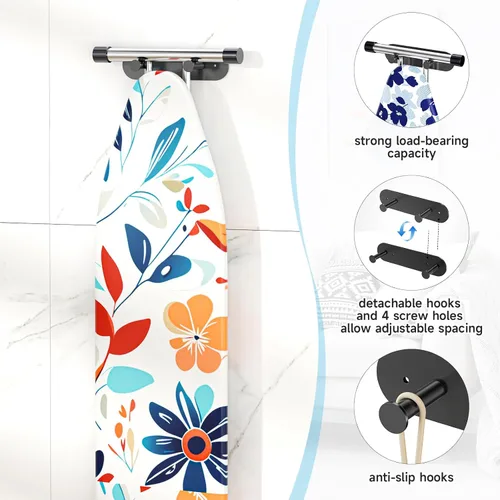 Vista 4 de Soporte para tabla de planchar para montaje en pared, colgador de tabla de planchar con ganchos extraíbles, gancho para tablas de planchar de acero