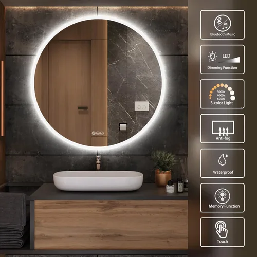 Vista 6 de S·BAGNO Espejo redondo de baño LED de 32’’ con luces, espejo de tocador para montar en pared con iluminación trasera y frontal, 3000K/4000K/6500K