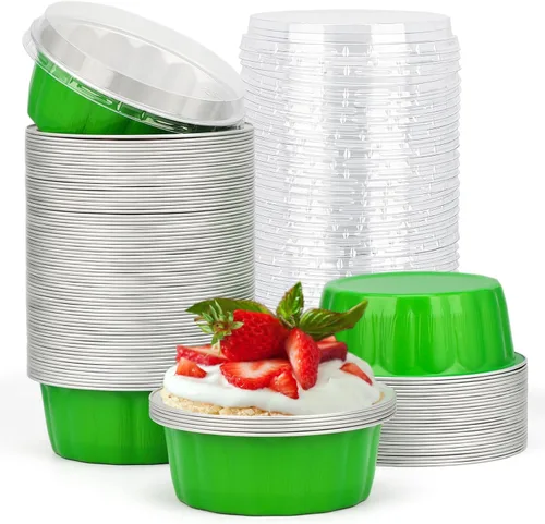 Vista 54 de Beasea Tazas de Ramekin de Aluminio con Tapa, 50 Unidades 6.1oz 180ml Mini Ramekins Desechables de Aluminio para Horno, Tazas Redondas para Cupcakes