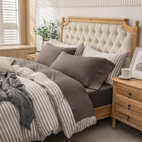 Vista 26 de PURE ERA - Juego de sábanas punto jersey de 4 piezas, 100% algodón, supersuaves, cómodas, transpirables, para colchones de hasta 20 pulgadas, Gris