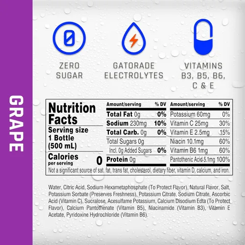 Vista 2 de Propel, sabor uva. Agua deportiva sin calorías, con electrolitos y vitaminas C y E. Paquete de 12 botellas de 16.9 oz.