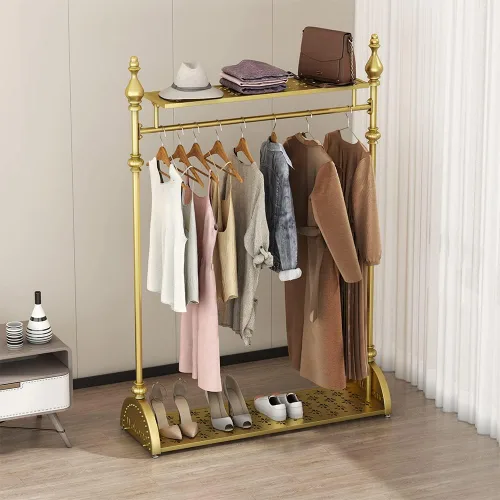Vista 9 de Perchero de ropa dorado, perchero industrial para colgar ropa con estantes dobles independiente, multifuncional, resistente, perchero de metal móvil