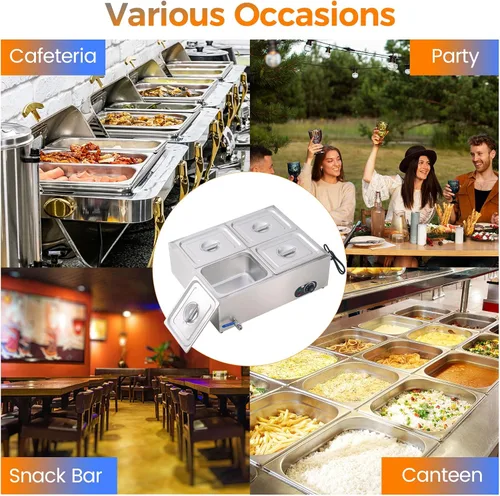Vista 7 de Calentador de alimentos comercial de 4 bandejas, mesa de vapor eléctrica, de acero inoxidable, 46 cuartos de galón, calentador de alimentos