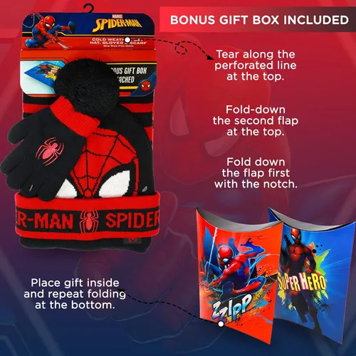 Vista 3 de Marvel Spider-Man - Gorro de invierno para niños, guantes de nieve y bufanda para niños y niños pequeños, juego de 3 piezas, gorro cálido con pompón