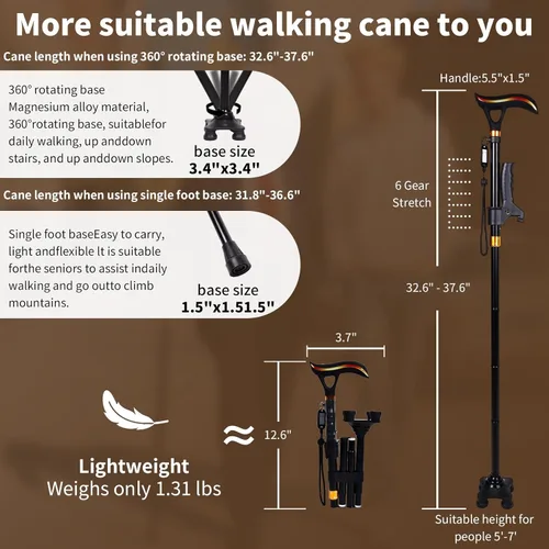 Vista 2 de Bastón de alarma inteligente para hombres y mujeres, plegable con luz LED, mango ergonómico y base de absorción de golpes, estable y fácil