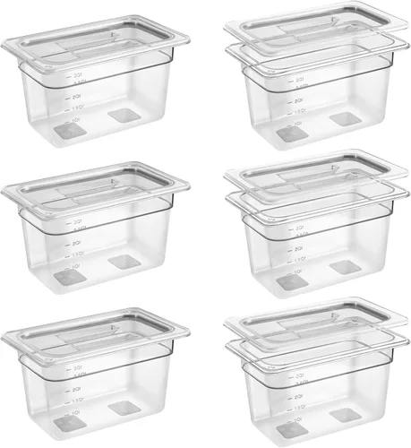 Vista 18 de Paquete de 6 bandejas para alimentos transparentes de 1/2 tamaño de 4 pulgadas de profundidad con tapas, bandejas comerciales para alimentos