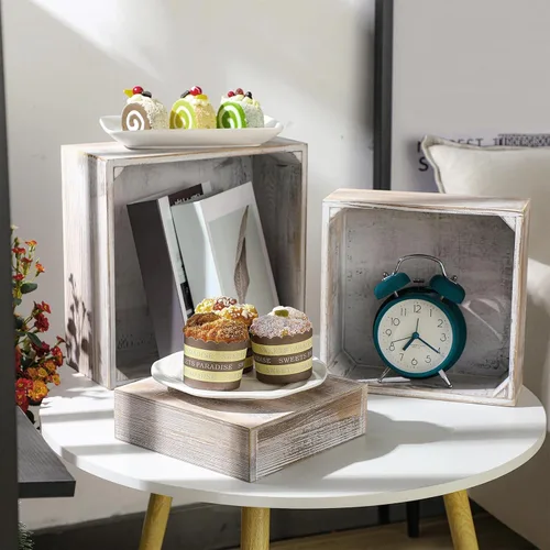 Vista 3 de Sieral Soporte cuadrado de madera encalada, 3 unidades, estilo caja, soporte para tartas, para cupcakes, aperitivos, postres, rústico, soporte