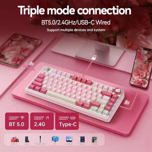 Vista 3 de AULA Teclado inalámbrico F75, 75% teclado para juegos intercambiable en caliente con sonido cremoso, Bluetooth2.4GHzUSB-C, teclado mecánico RGB