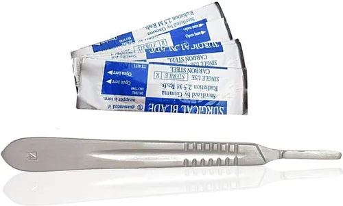 Vista 6 de 1 CUCHILLO ESCALPEL DE ACERO INOXIDABLE #4 CON 20 HOJAS ESTÉRILES #23 (PC)