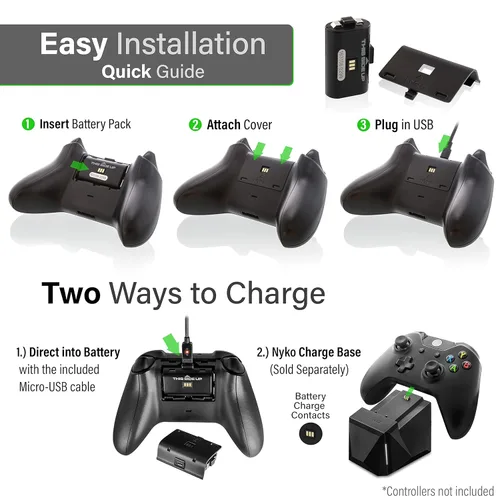 Vista 3 de Nyko Xbox One Power Kit Plus - Rechargeable Battery Kit with 2 Batteries, Black & White Covers, 8-foot Micro-USB Charge Cable - Ultimate Xbox