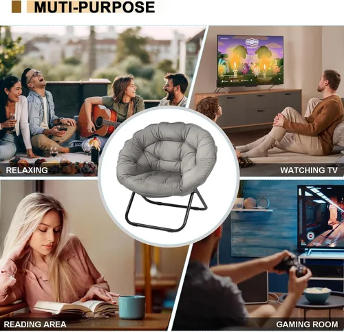 Vista 5 de Silla plegable con platillo, silla Lazy Moon con marco de metal, cómodas sillas de dormitorio para dormitorio, sala de estar, estudio, gris JC