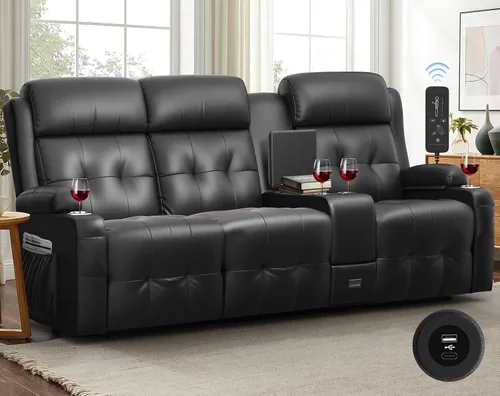 Vista 12 de Sofá reclinable, sofá reclinable con masaje de 3 plazas con gran capacidad de peso, sofá de dos plazas para RV con espacio libre con consola, USB