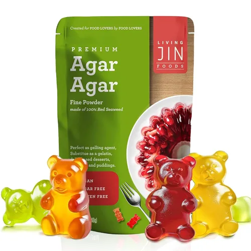 Vista 7 de LIVING JIN - Agar en polvo Algas rojas 100% naturales, gel de alta calidad 1000, sin lácteos y gluten, Kosher, sin azúcar, ideal para gelatina