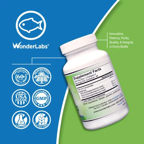 Vista 3 de Wonder Laboratories EZ Omega-3 Atlantic Menhaden Suplemento de aceite de pescado 2000 mg, sin eructos, fabricado en los Estados Unidos, equilibrio