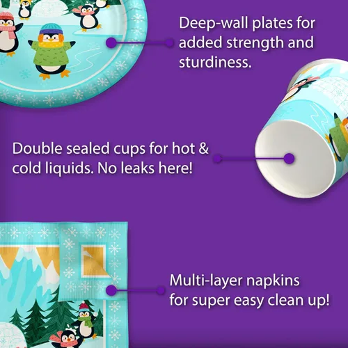 Vista 5 de Juego de suministros para fiesta de cumpleaños de pingüinos, platos, servilletas, vasos, vajilla para 16