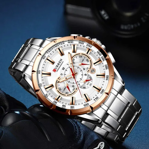 Vista 3 de Causal Sport Cronógrafo Reloj de pulsera de acero inoxidable con esfera grande Relojes de cuarzo con punteros luminosos