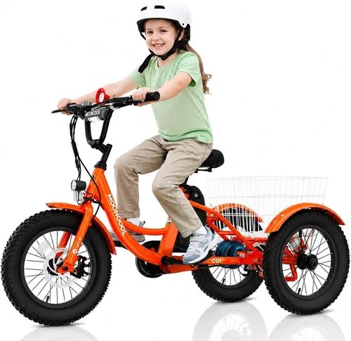 MOONCOOL Triciclo eléctrico juvenil, 16 pulgadas, 250 W, E-Trike Naranja quemado