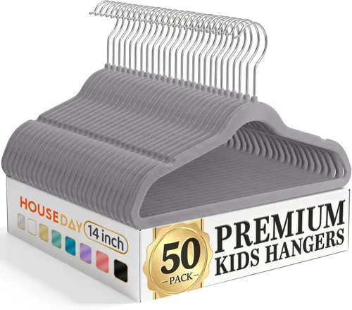 Vista 23 de HOUSE DAY Perchas de terciopelo para bebés de 11 pulgadas, paquete de 50 perchas color beige de primera calidad para niños, ropa de bebés y niños