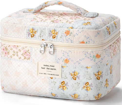 Vista 9 de HBselect Bolsa de Maquillaje Acolchada, Bolsa de Maquillaje Grande de Algodón para Viaje, Lindas Bolsas de Maquillaje con Flores Coquette, Bolsas