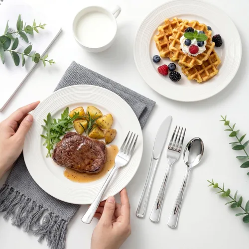 Vista 7 de N9R 120 Piezas Cubiertos de Plástico Plateado, Juego de Cubiertos de Plástico Plateado Cubiertos Desechables Vajilla - 60 Tenedores, 30 Cucharas, 30