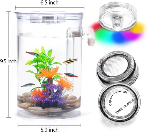 Vista 4 de Betta Fish Tank, acuario 360 con luz LED, pecera de 1 galón, kit de iniciadores de pecera pequeña, limpieza automática de tanque de peces beta como