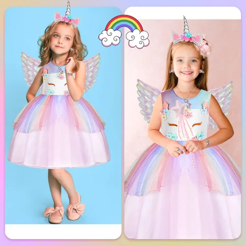 Vista 5 de Geyoga Ropa de vestir de princesa de unicornio para niñas disfraz de unicornio arcoíris con diadema varita justa accesorios de joyería