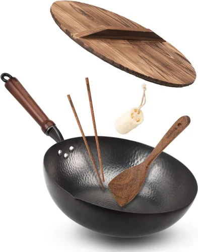 Vista 8 de BIELMEIER - Sartén Wok de 12.5", sartén para sofrito con tapa, guantes y accesorios para ollas, de acero al carbono, adecuada para todas las estufas