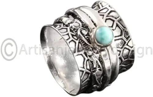 ArtisanJewelrydesign Larimar Spinner Ring, 925 Silver Ring, Larimar Jewelry For Women, Handmade Ring, Boho Ring, Halloween Gift, Spinner Silver
