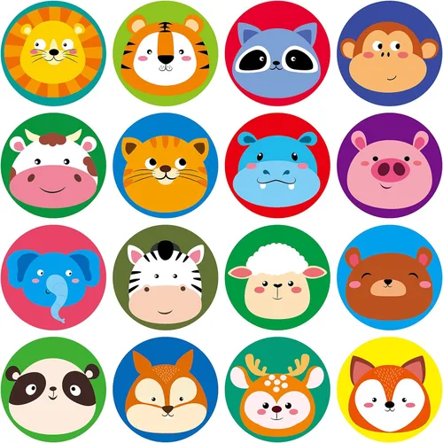 Vista 2 de 600 adorables calcomanías redondas de incentivo animadoras de animales en 16 diseños con línea perforada versión ampliada