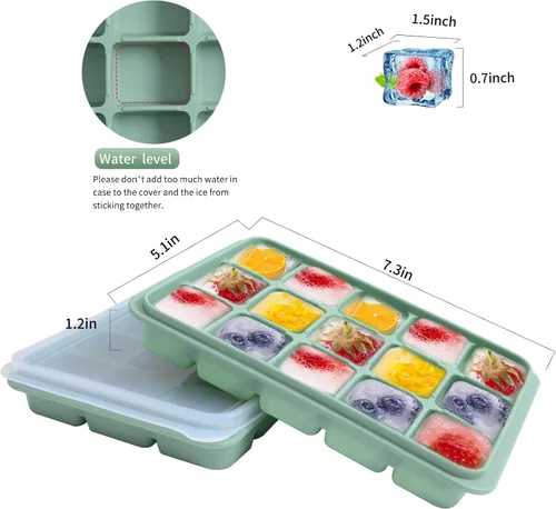 Vista 2 de Juego de 2 bandejas para cubitos de hielo, fáciles de liberar, 15 moldes flexibles de silicona para cubitos de hielo con tapa extraíble, bandejas