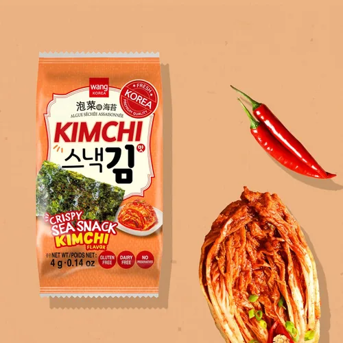 Vista 3 de Wang Bocadillos de algas coreanas con sabor a kimchi, hojas de algas tostadas crujientes, aperitivo saludable de marihuana, keto, vegano, sin