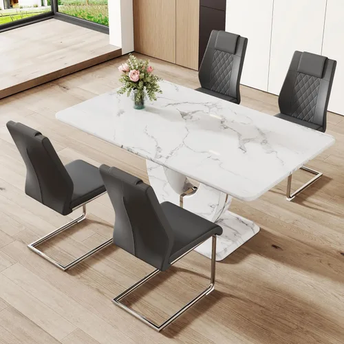 Vista 136 de JUFU Juego de mesa de comedor moderno para 4, juego de mesa de cocina rectangular de 63 pulgadas con mesa de mármol sintético y 4 sillas tapizadas