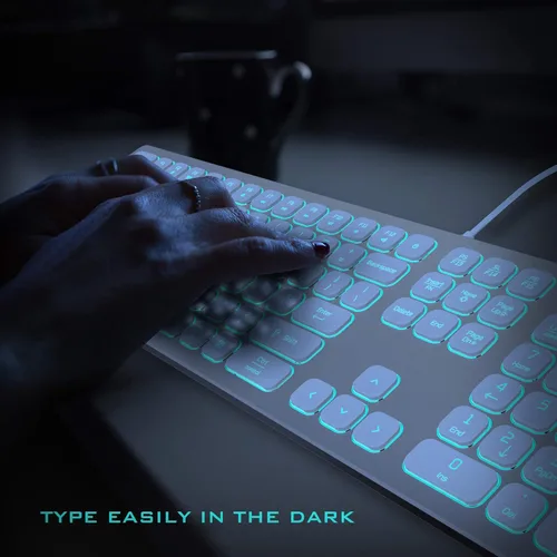 Vista 8 de POWZAN Teclado de Aluminio Silencioso con Cable Retroiluminado - Tecla Chiclet Delgada Compatible con Apple iMac, MacBook, Mac y PC, Teclado USB