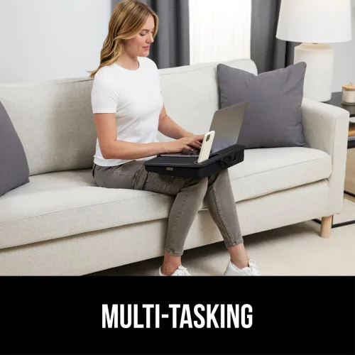 Vista 9 de GORILLA GRIP Escritorio de regazo para laptop con soporte para teléfono, escritorios con cojín de almohada se ajustan a laptops de hasta 15.6