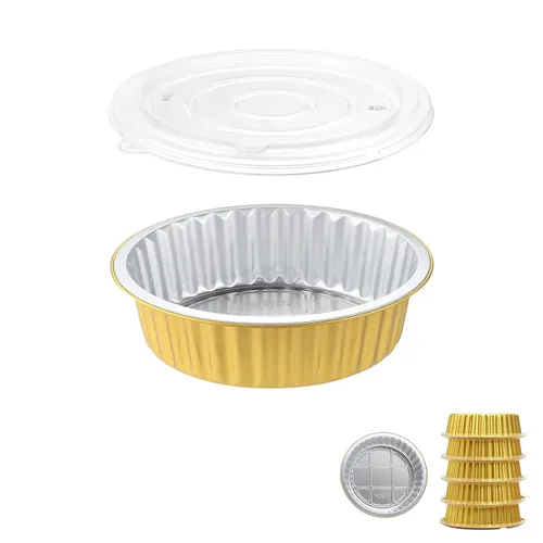 Vista 16 de 100 tazas de papel de aluminio de 2 capas con tapas, moldes desechables dorados de 5 onzas para hornear, tartas de chocolate, magdalenas, tartas