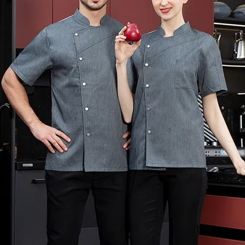 Vista 2 de Uniforme de chef para mujeres y hombres, chaqueta de chef de manga corta, ligera, cómoda para cocinar