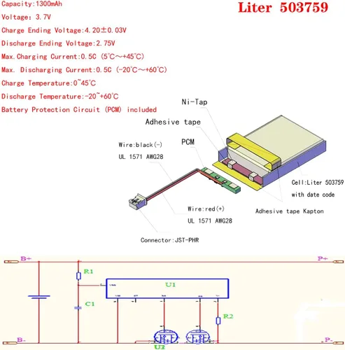 Vista 3 de Liter 3.7V 1300mAh 503759 Lipo Batería recargable de iones de polímero de litio con conector JST 0.079 in