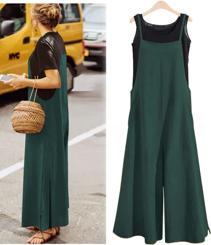 Vista 3 de YESNO - Enterizo holgado de estilo informal, overol con pantalones largos de pierna ancha, de algodón y con bolsillos, para mujer