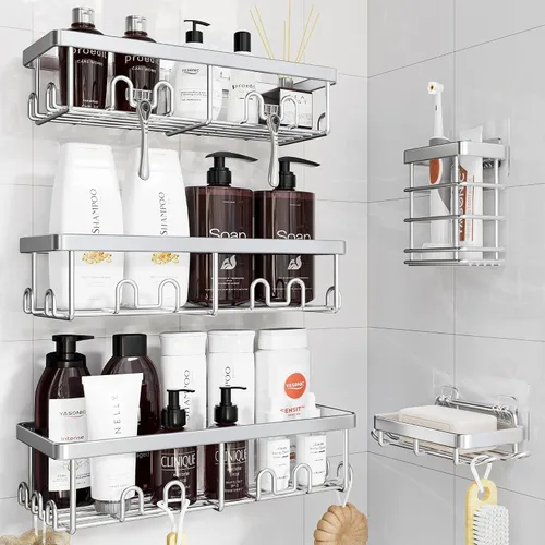 Vista 11 de YASONIC Shower Caddy Adhesive, Rustproof Shower Organizer, Wall Shower Rack Negro