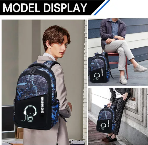 Vista 7 de Mochila para niños, mochila para laptop de 15.6 pulgadas con puerto de carga USB, bolsa de libros para la escuela