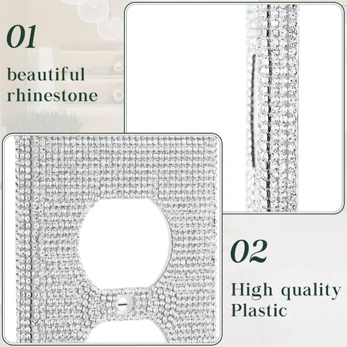 Vista 3 de 10 piezas de placas de pared brillantes plateadas con diamantes de imitación, cubiertas decorativas para enchufes con purpurina para el hogar