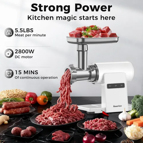 Vista 8 de Picadora de carne eléctrica para uso doméstico, potencia máxima de 2800 W, cuerpo de metal resistente con inversión automática, 2 cuchillas y 3