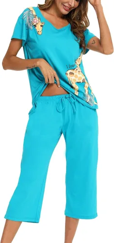 Vista 3 de ENJOYNIGHT Conjunto de pijama de algodón para mujer, parte superior de manga corta y pantalones capri, ropa de dormir de 2 piezas