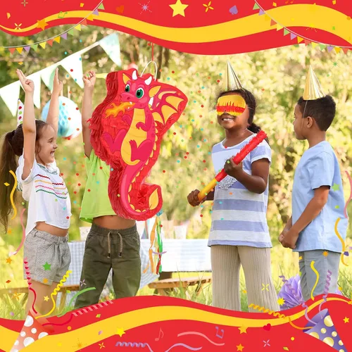 Vista 5 de Piñata de dinosaurio de dragón para fiesta de cumpleaños, juego de piñata de dinosaurio rojo con confeti de bastón vendado, 16 x 10.2 x 3 pulgadas