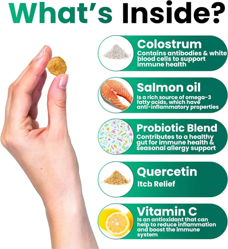 Vista 3 de Masticables para aliviar la alergia de los perros, alivio de la picazón del perro, probióticos, aceite de pescado omega 3 + calostro, picazón