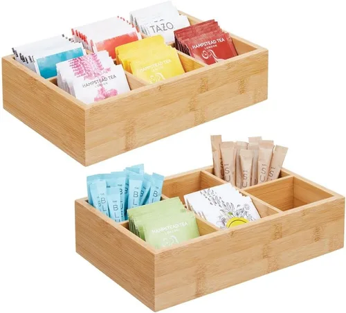 Vista 10 de mDesign Caja organizadora de bambú para almacenamiento de té y alimentos, estuche de madera para bolsas de té, café, aperitivos, azúcar