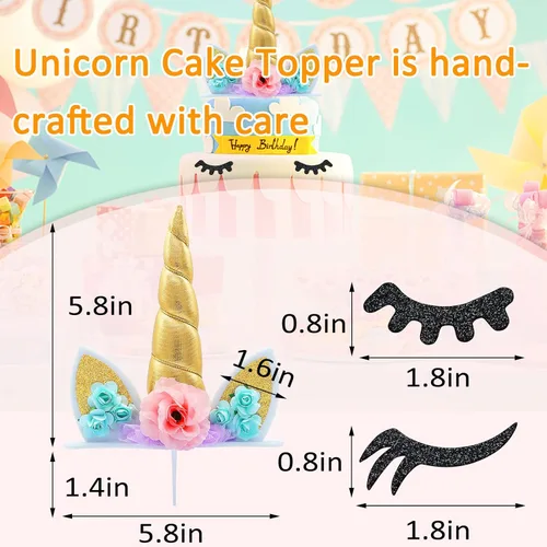 Vista 7 de Decoración de pastel de unicornio para niñas, decoración de cumpleaños de cuerno de unicornio dorado con pestañas, 5.8 pulgadas
